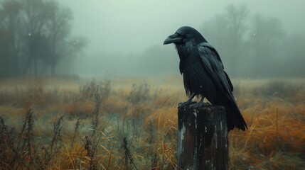 Fototapeta premium Large black raven is perched on a wooden post in a misty field, its dark feathers contrasting against the muted colors of the landscape
