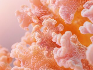High-resolution microscopic image of a coral-like growth featuring intricate cellular details and a vibrant pink hue.