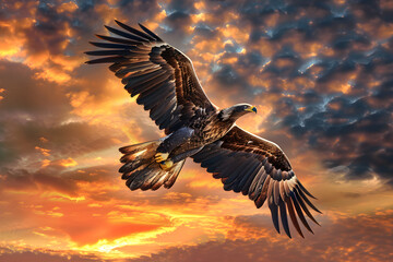 Fototapeta premium Majestic Eagle Soaring Against Radiant Sunrise - Symbol of Power, Independence, and Vision