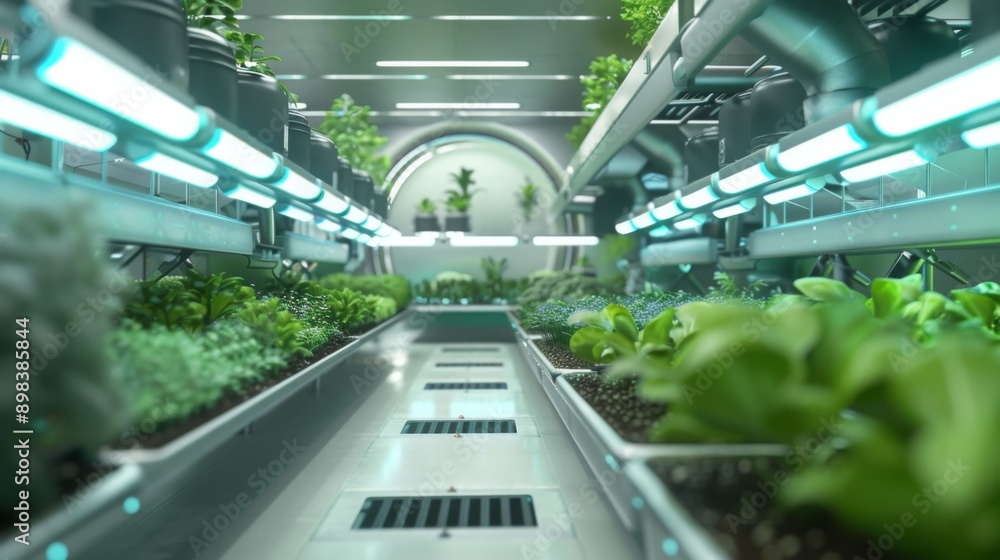 Poster A view down the rows of a hydroponic farm with artificial lighting, showcasing rows of leafy greens growing under artificial light.