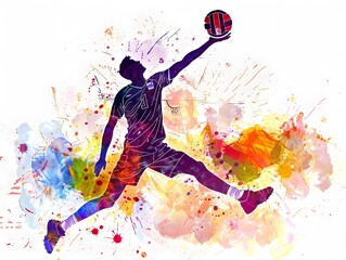 volleyball player reaching for a shot is illustrated in a dynamic watercolor style, with energetic splashes of color on a white background, conveying movement and excitement