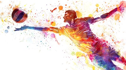 volleyball player reaching for a shot is illustrated in a dynamic watercolor style, with energetic splashes of color on a white background, conveying movement and excitement