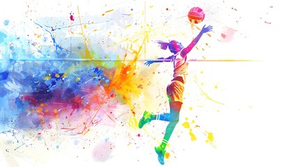 volleyball player reaching for a shot is illustrated in a dynamic watercolor style, with energetic splashes of color on a white background, conveying movement and excitement