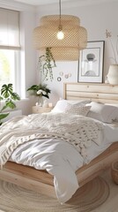 In a modern bedroom, a large bed with white linens and a gray throw blanket is framed by a large window with a mountain view. Potted plants and a nightstand with a lamp and books complete the decor