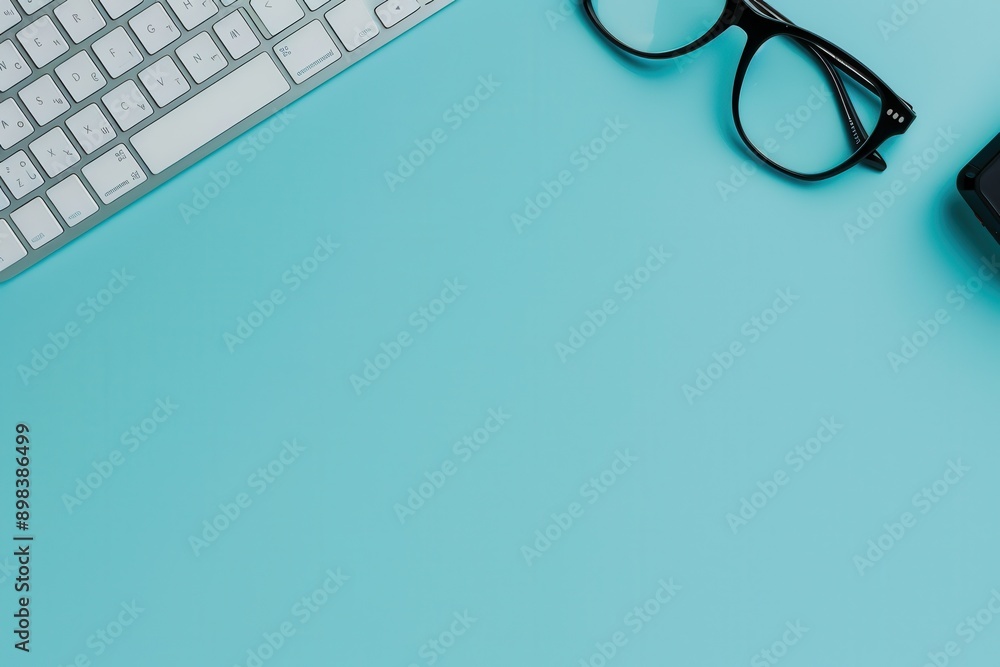 Aufkleber a white keyboard and black eyeglasses are placed on a light blue background. generative ai