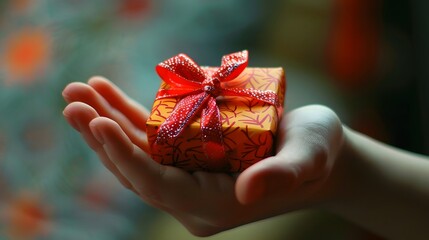Hand Holding a Gift Box: A hand holding a small gift box wrapped with a bow, suggesting a present or surprise.
