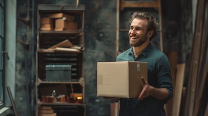 Man carrying packages in a workshop setting, possibly for delivery or warehousing purposes.