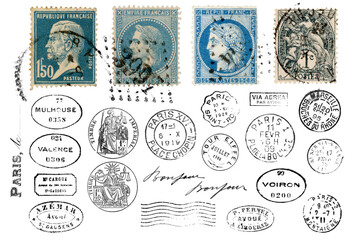 set of vintage and antique French postage design elements, run stamps and postmarks isolated over a transparent background, retro Paris or letter writing / correspondence design elements