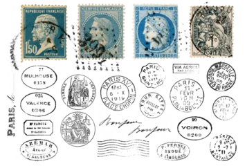 set of vintage and antique French postage design elements, run stamps and postmarks isolated over a transparent background, retro Paris or letter writing / correspondence design elements © Anja Kaiser