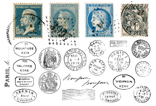 Fototapeta set of vintage and antique French postage design elements, run stamps and postmarks isolated over a transparent background, retro Paris or letter writing / correspondence design elements