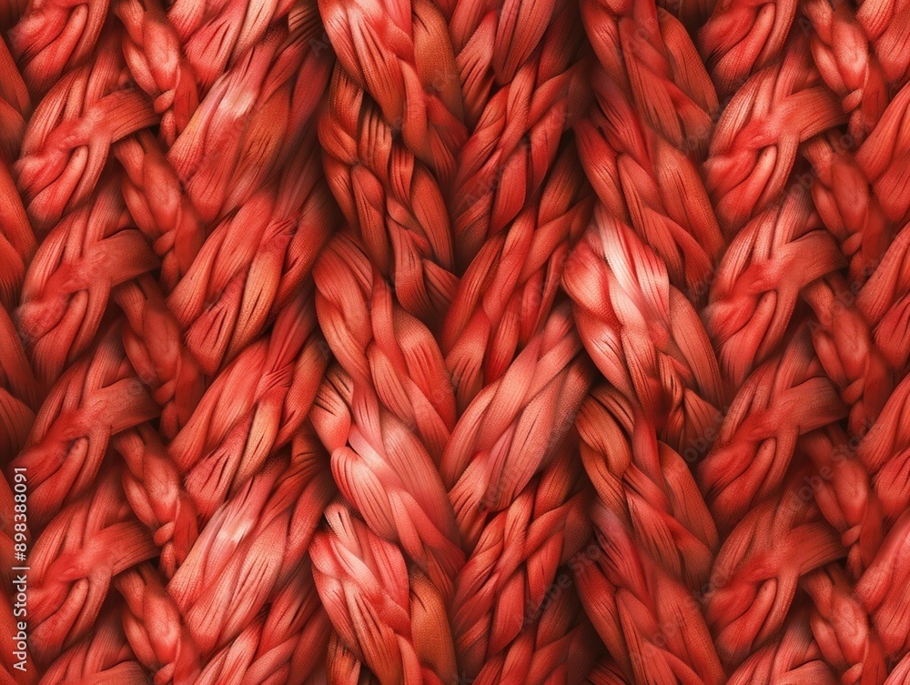 Poster this image features the close up of a red braided yarn. the texture is rich and detailed, showcasing