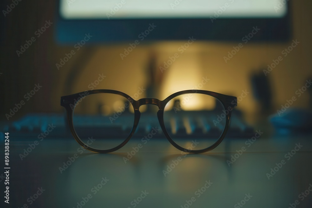 Poster black eyeglasses rest on a desk with a computer monitor in the background. generative ai