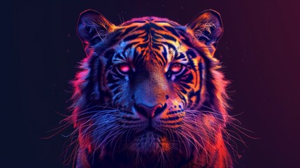 Obraz premium Colorful tiger portrait with neon lights illuminating its fur and creating a vibrant and captivating image