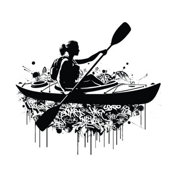 recommend clip art: Kayaking  female player in graffiti tags, street art pattern illustration, emblem shield badge