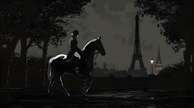 Gothic Equestrian: A dark, gothic-style illustration of an equestrian event with the Eiffel Tower in the background on a black background.


