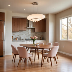 A modern dining area featuring an oval walnut dining table with elegant tapered legs, surrounded by mid-century inspired upholstered chairs in muted pastel tones.