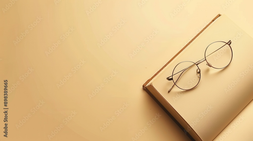 Aufkleber Round eyeglasses lay on an open, blank book on a tan surface. Generative AI