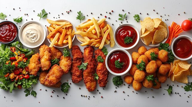 Fried chicken tenders or nuggets with ketchup, southern strips, Chicken nuggets, french fries, chips
