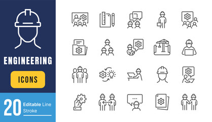 Set of Engineering People Related Vector Line Icons. Contains such Icons as Teamwork, Tech Presentation, Communication and more. Editable Stroke.