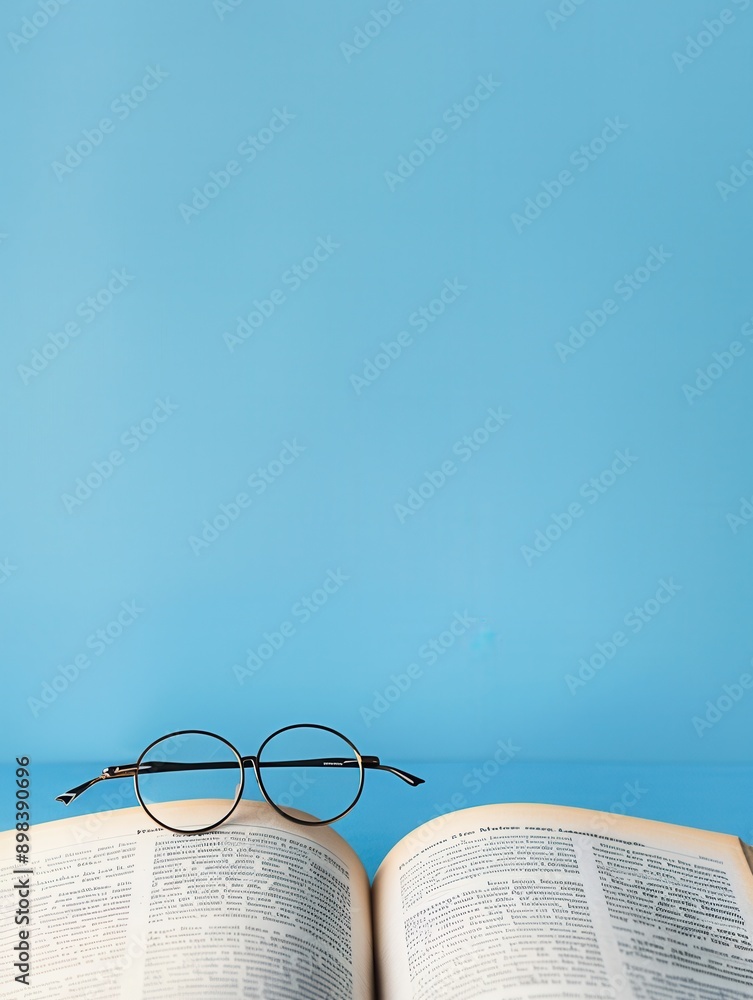 Aufkleber Round glasses rest atop an open book against a solid blue background. Generative AI