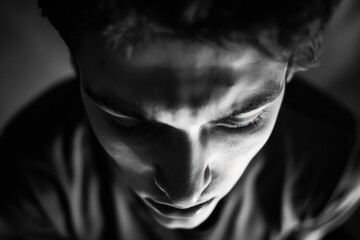 Portrait of a teenage boy with intense emotion, captured in black and white. High contrast creates a dramatic effect.