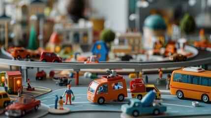 Fototapeta premium Miniature toy city layout with various toy vehicles, buildings, and figures, showcasing a busy urban transportation scene on roads and highways.