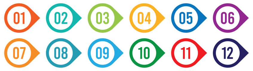 Colorful number bullet point 1 to 12 vector set.