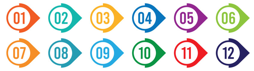 Number bullet point 1 to 12 vector set in multi color.