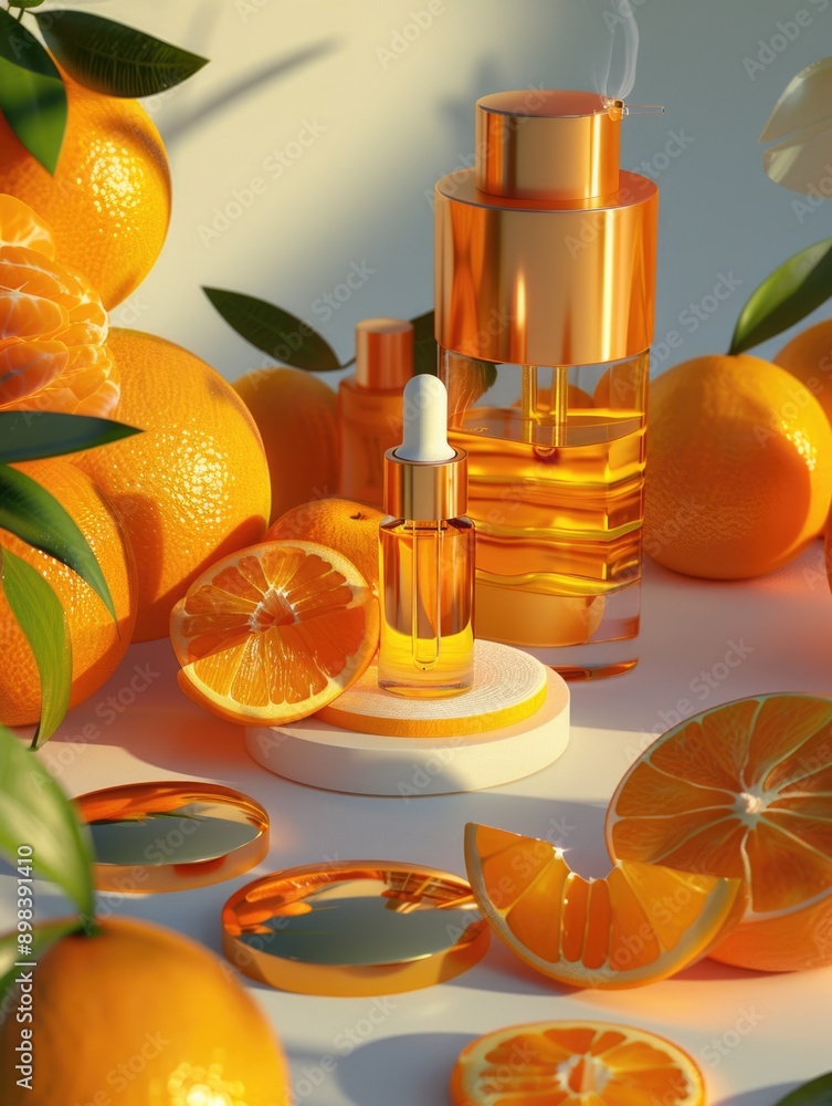Poster a close up of oranges and a bottle of perfume. the oranges are cut in half and arranged in a way tha