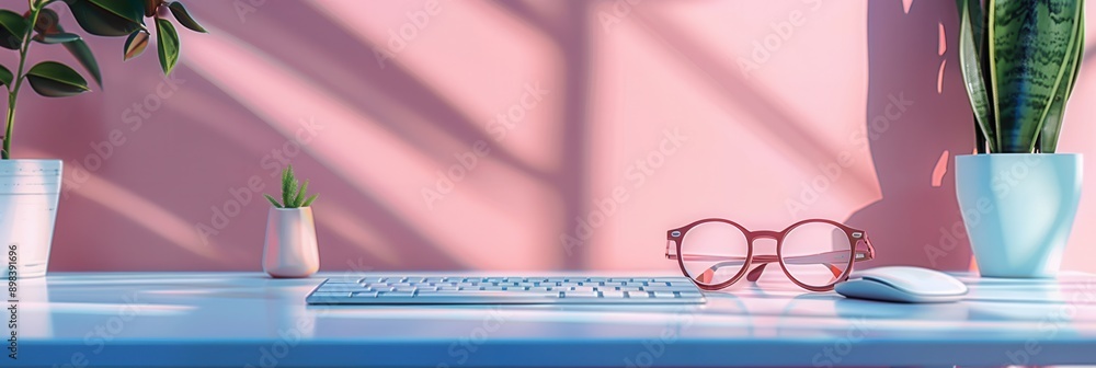 Aufkleber a white keyboard, glasses, and mouse on a white desk in front of a pink wall with plants. sunlight s