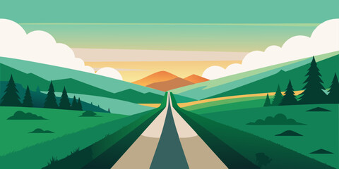 Beautiful Sunset Over Green Field Road. High-Quality Landscape Illustration.