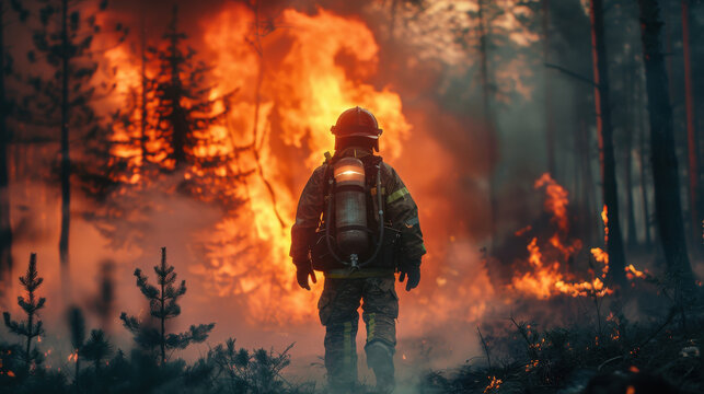 Firefighter service extinguishes fire, burning forest, nature. Firefighter against the background of fire and smoke.