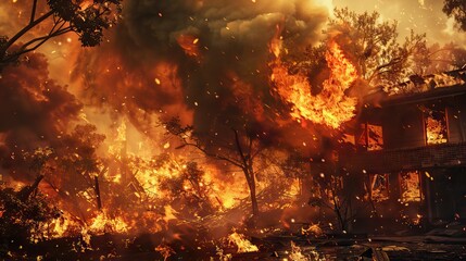 House on fire at night. Topics of arson and fires, disasters and extreme events. AI generated illustration