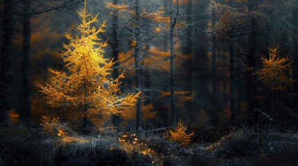 Fototapeta premium Golden Tree in a Dark Forest