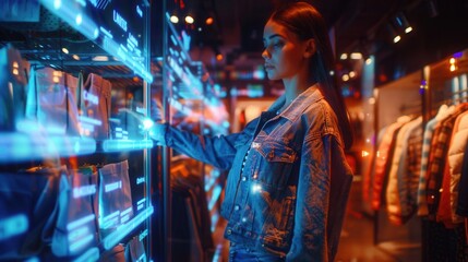 Obraz premium Female shopping in virtual reality world. Futuristic shopping concept.