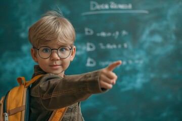 A young boy with glasses pointing in a classroom, embodying curiosity and eagerness to learn.