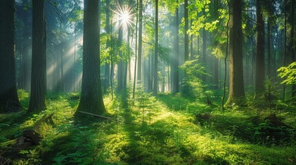 A serene forest with fresh air and sunlight filtering through