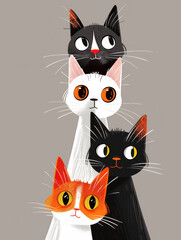 Colorful Illustrated Portrait of Four Diverse Cats