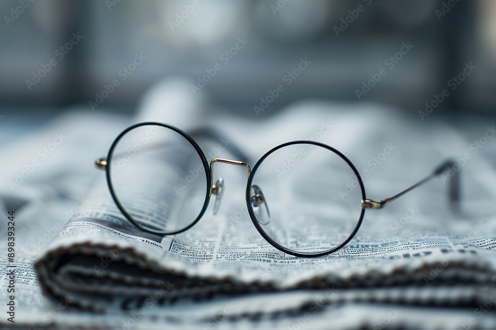 Leinwandbilder a pair of round eyeglasses rest on a folded newspaper, capturing the essence of reading and knowledg