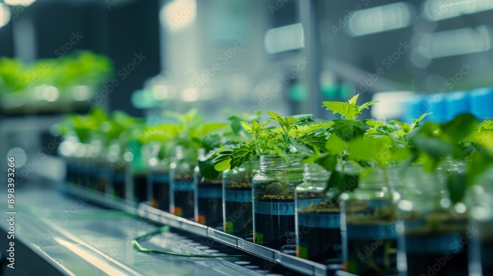 Aufkleber a close-up view of a conveyor belt with small green plants growing in jars.