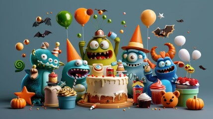 Naklejka premium Cute monsters having a party, spooky decorations, flat design illustration