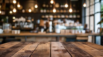 Blurred coffee shop background with wooden table for product display