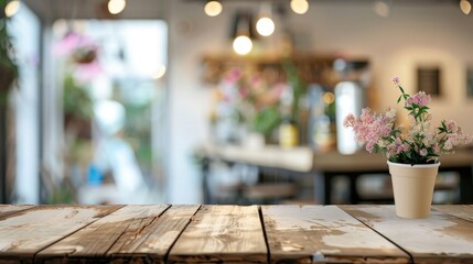 Blurred coffee shop background with wooden table for product display