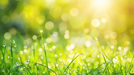 Obraz premium Blurred background of sunny meadow with water droplets on green grass