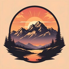 Sunset above mountains peak silhouette. Vintage styled mountain logo or sticker or poster template. Vector illustration