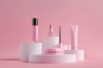 A chic display of pink cosmetics products elegantly arranged on white stands with pink floral accents, embodying luxury and sophistication.