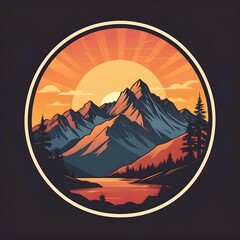 Sunset above mountains peak silhouette. Vintage styled mountain logo or sticker or poster template. Vector illustration