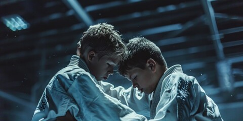 Young children in martial arts training, focused and ready for action, symbolizing discipline and teamwork.