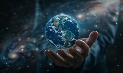 hand of Businessman touching virtual Earth globe, business and save world concept