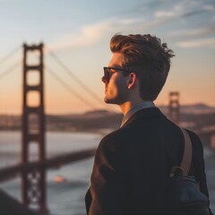 Fototapeta premium Man Contemplating Golden Gate Bridge